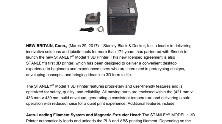 Stanley Black & Decker, Inc. Introduces the  STANLEY® Model 1 3D Printer