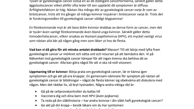 Debattartikel - Uppmaningar till alla kvinnor, till vården och forskningen