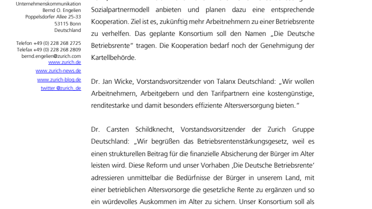 Betriebsrentenreform: Talanx Deutschland und Zurich Gruppe Deutschland wollen Kräfte bündeln