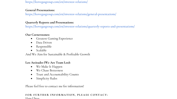 Welcome to LeoVegas - Presentations (Media Kit) 