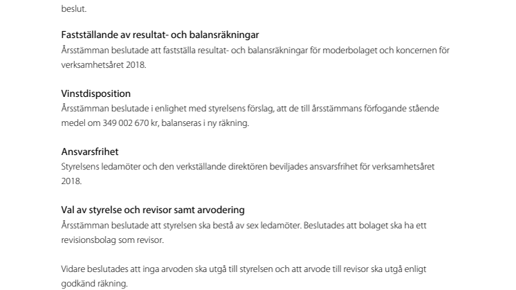 Beslut fattade vid Skånska Energi ABs årsstämma den 23 maj 2019