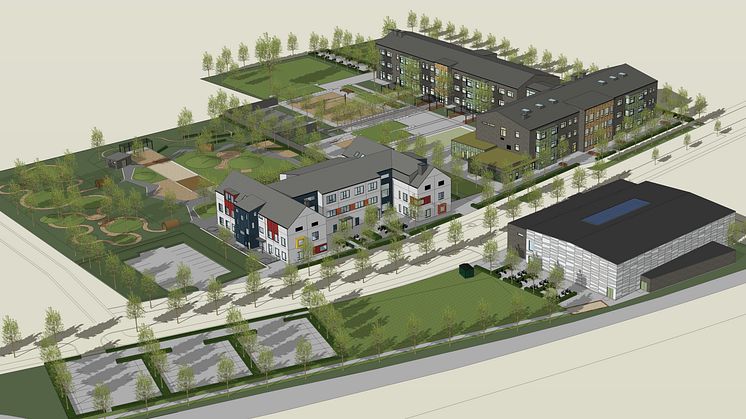 En skola, en förskola och en sporthall ska byggas i Gyllins trädgård. Illustration: Arkitektgruppen