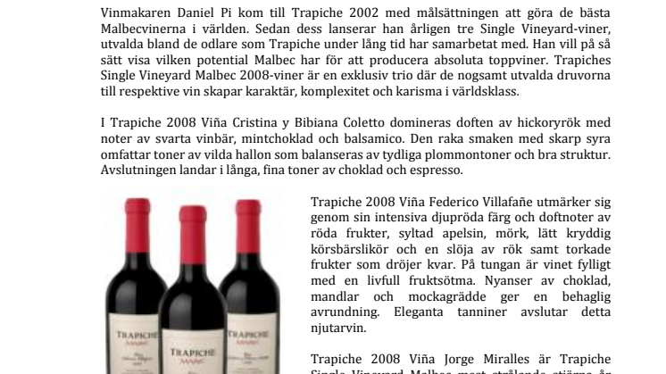Unikt släpp av exklusiva Single Vineyard Malbec 2008 från Trapiche
