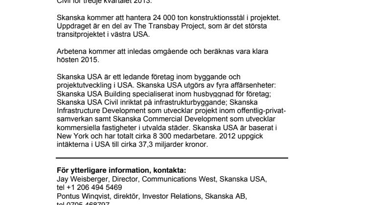 Skanska skriver kontrakt om att montera stål i San Francisco, värt cirka 1,2 miljarder kronor 