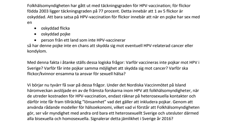Öppet brev: Ojämlikt att inte män får samma möjlighet som kvinnor att skydda sig mot cancer