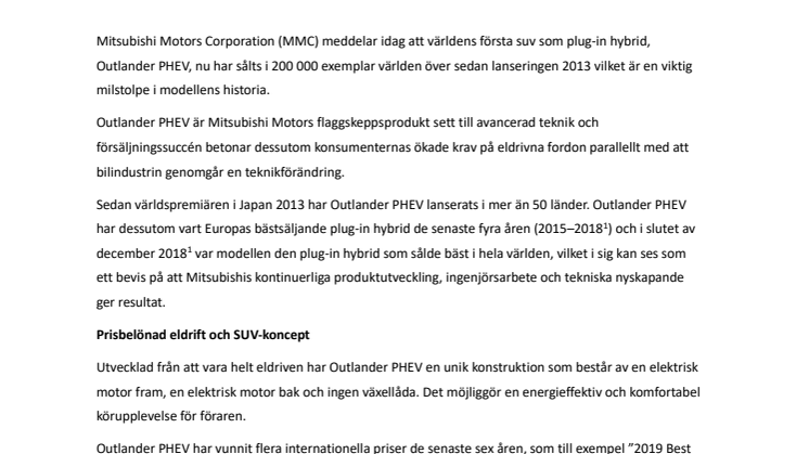 Mitsubishi Outlander PHEV når milstolpe med 200 000 sålda bilar