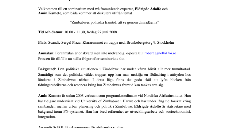 Pressinbjudan - Zimbabwes politiska situation