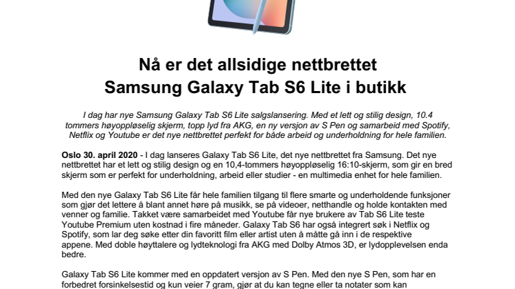 Nå er det allsidige nettbrettet Samsung Galaxy Tab S6 Lite i butikk