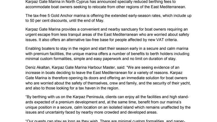 Karpaz Gate Marina: Announces Special Rates for Boat Owners Looking for East Mediterranean Sanctuary    