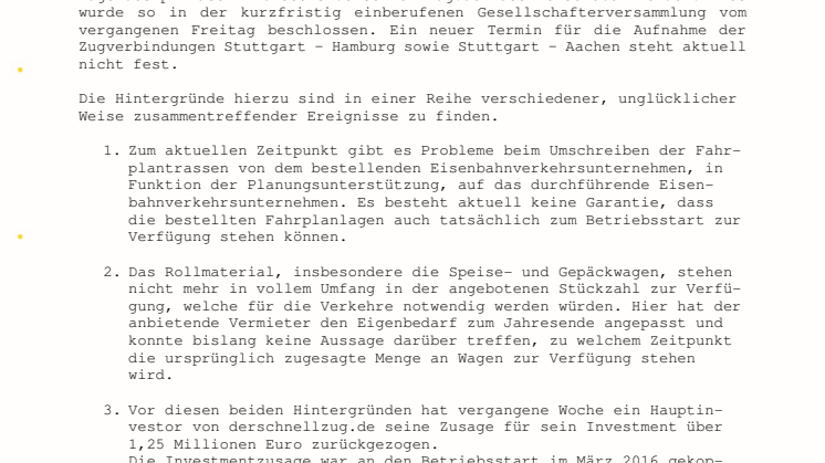 Betriebsstart derschnellzug.de im März 2016 verschoben
