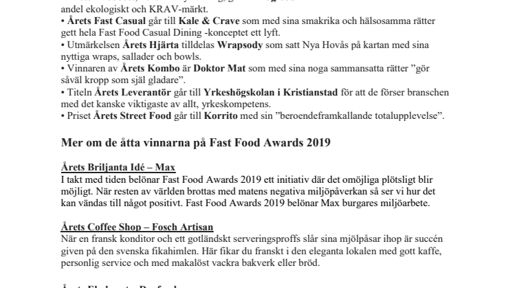 Här är de åtta vinnarna på Fast Food Awards 2019
