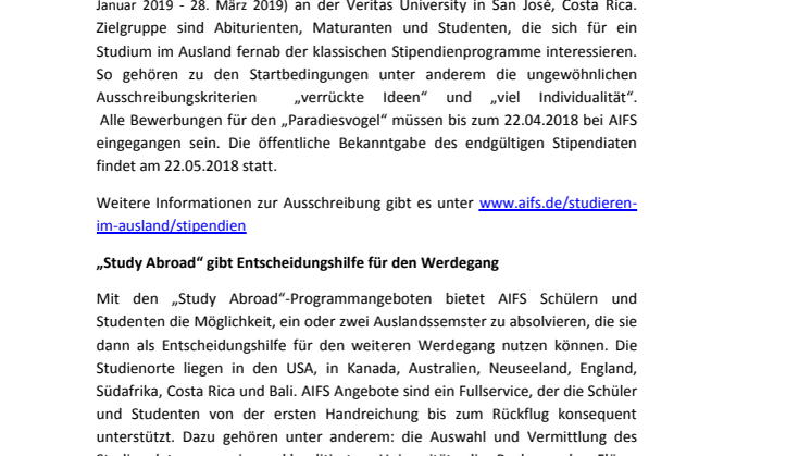 AIFS vergibt Paradiesvogel-Stipendium für ein Trimester in Costa Rica