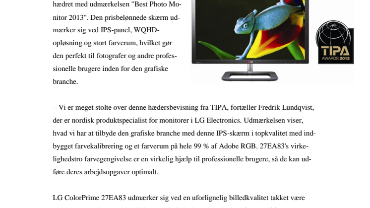 LG'S IPS-MONITOR 27EA83 KÅRET TIL BEDSTE FOTOSKÆRM VED TIPA AWARDS 2013