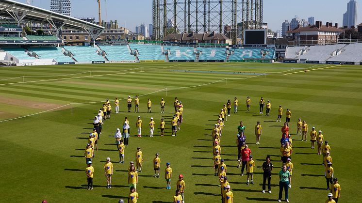 50 Days To Go. Players from all eight The Hundred teams pose with 100 Dynamos participants to mark 50 days to go until the competition starts.