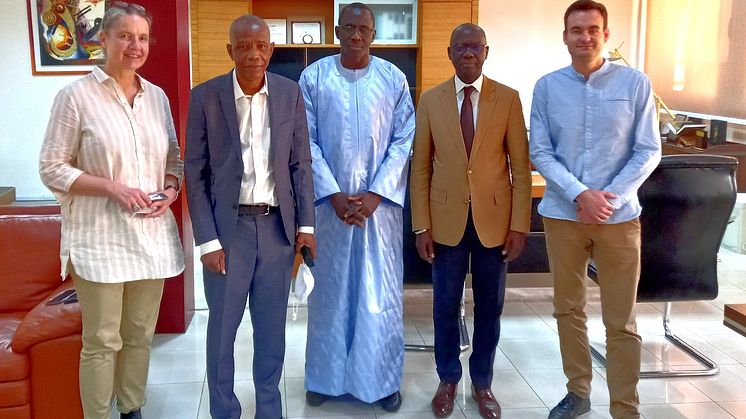 Kickoff meeting for PROMOGEF (from left to right): Project Director Antje Küpper (GAF), GAIA Team Leader Yazon Gnoumou, DGID Director General Bassirou Samba Niasse), PROMOGEF Coordinator Macodou Gueye, and Project Manager Elias van Straaten (GAF).