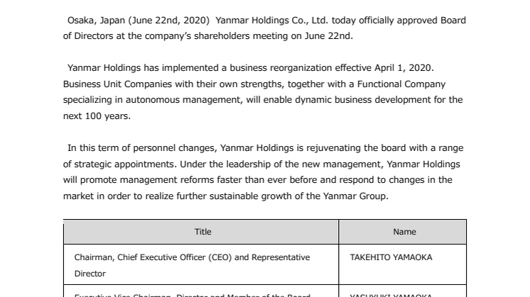 Yanmar Holdings Approves Changes to Senior Management