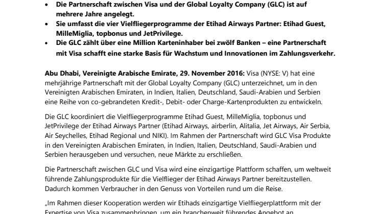  Visa unterzeichnet exklusive Partnerschaft mit der Global Loyalty Company der Etihad Aviation Group