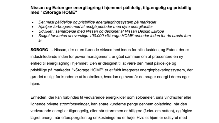 Nissan og Eaton gør energilagring i hjemmet pålidelig, tilgængelig og prisbillig med "xStorage HOME"