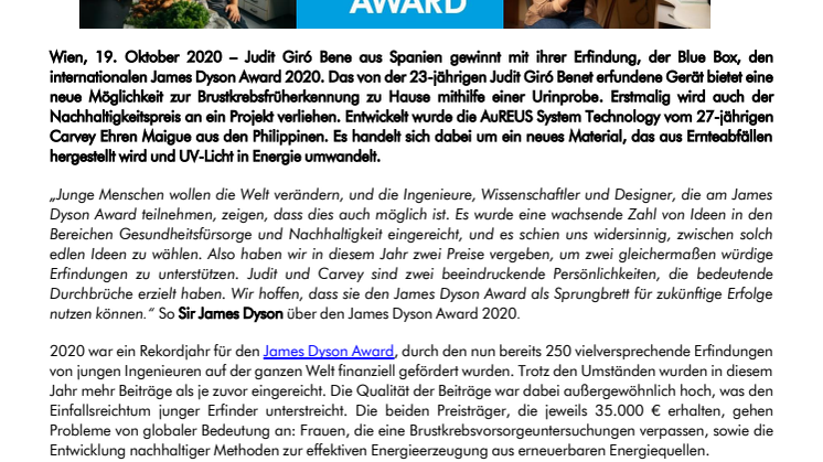 James Dyson Award 2020: internationale Gewinner