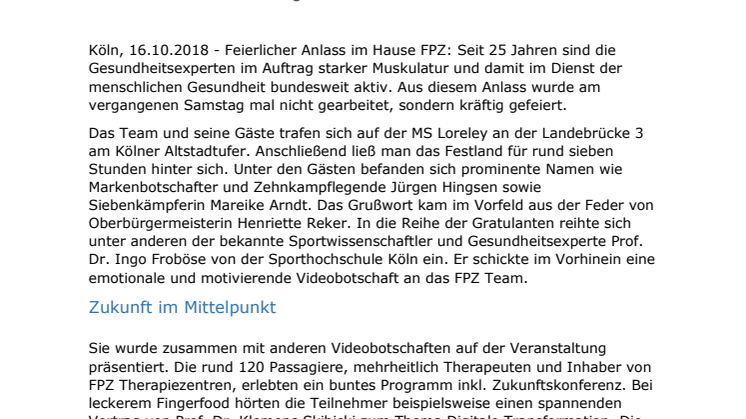 FPZ feiert 25jähriges Jubiläum auf dem Rhein -  Grußwort von Oberbürgermeisterin Henriette Reker 