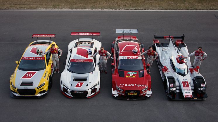 Audi TT cup (Nico Müller), Audi R8 LMS (Marcel Fässler), Audi RS 5 DTM (Miguel Molina), Audi R18 e-tron quattro (Loïc Duval)