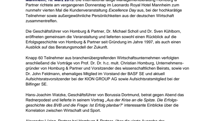 Homburg & Partner richtet Kundenveranstaltung Excellence Day 2015 in Mannheim aus 