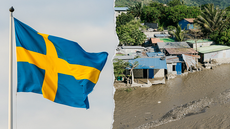 Svenska flaggan. Foto: Canva / Hem längs Komorfloden efter cyklon Seroja, Östtimor 2021. Foto: Keith Parsons/Oxfam