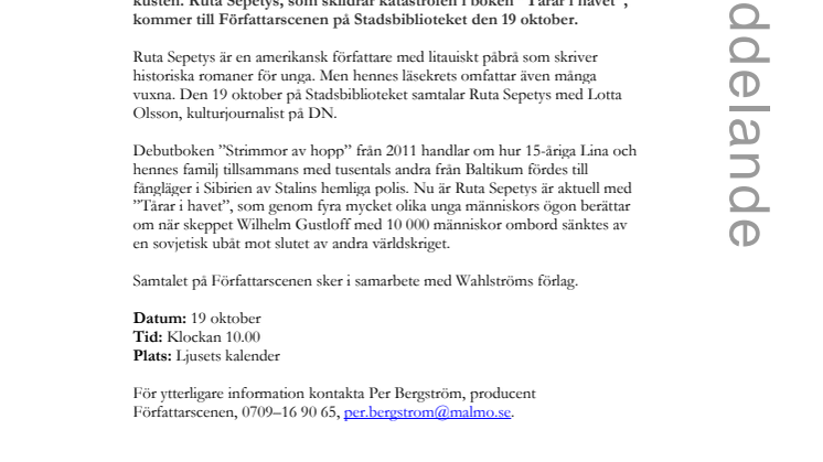 Ruta Sepetys på Författarscenen 19 oktober