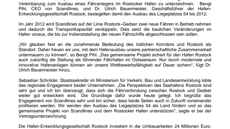 Scandlines und die Hafen-Entwicklungsgesellschaft Rostock besiegeln Ausbau eines Fähranlegers für die Linie Rostock–Gedser