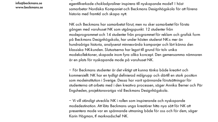 NK Collection – ett samarbete mellan Beckmans Designhögskola och Nordiska Kompaniet.