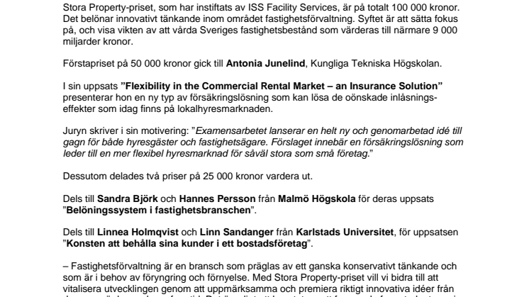 Stora Property-priset 2009: Innovativa studenter belönas med 100 000 kronor