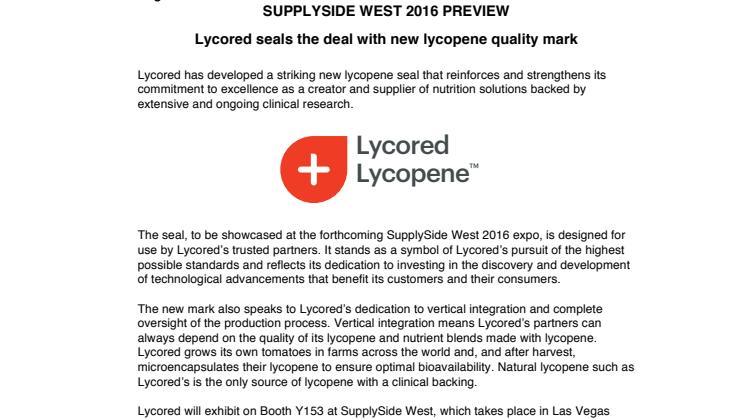 SUPPLYSIDE WEST 2016 PREVIEW: Lycored seals the deal with new lycopene quality mark
