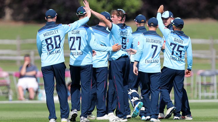 Captain George Balderson celebrates a wicket for England U19s (photo: Getty Sports)