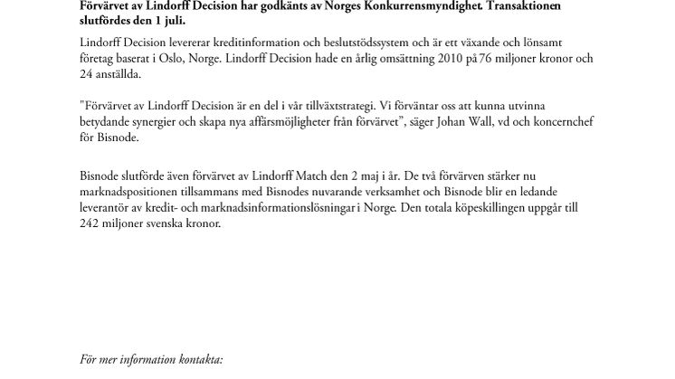 Bisnodes förvärv av Lindorff Decision slutfört