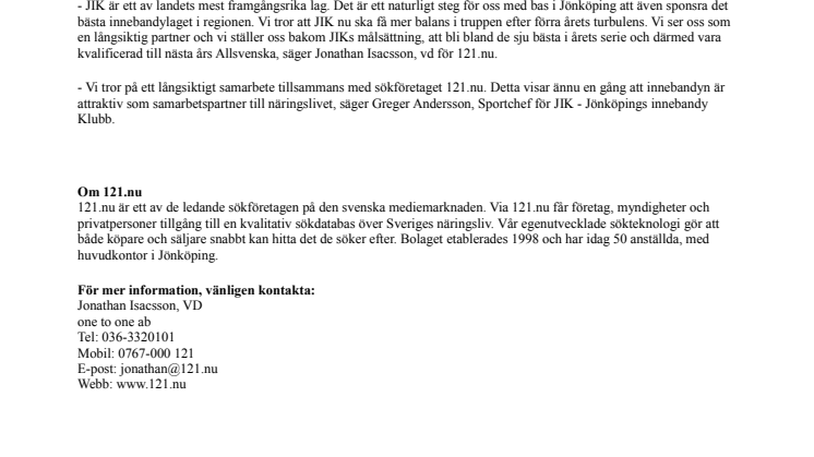 121.nu ny sponsor till Jönköpings Innebandyklubb.