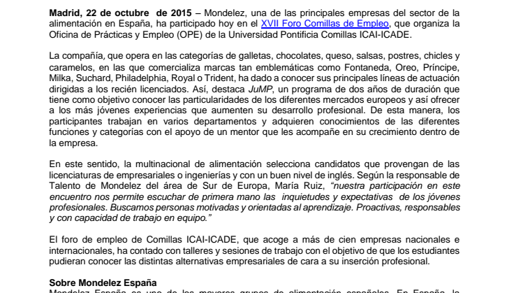 Mondelez participa en el XVII Foro de empleo de ICAI-ICADE 