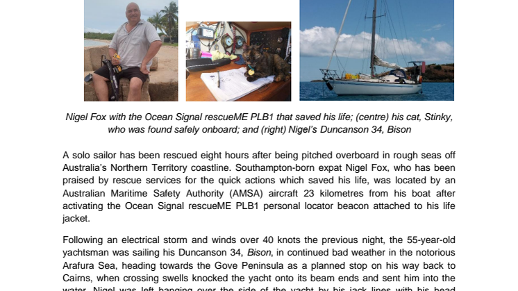  Solo Sailor Pitched Overboard Survives after Activating PLB