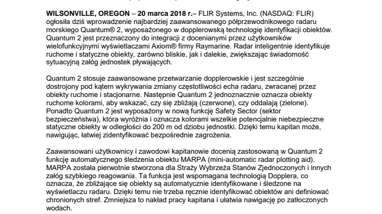 Raymarine: FLIR wprowadza radar Raymarine Quantum 2 CHIRP z technologią dopplerowską 