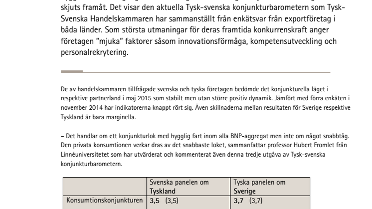 Tysk-svenska konjunkturbarometern maj 2015: Sverige och Tyskland behöver mer investeringar