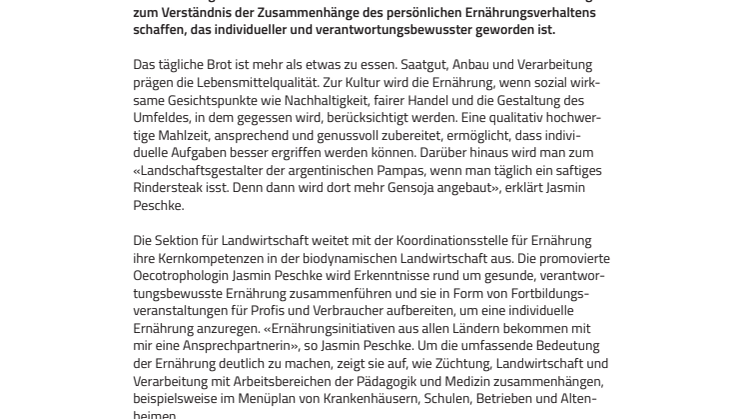 Neu: Koordinationsstelle für Ernährung am Goetheanum