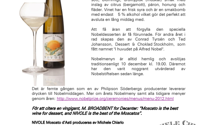 Pärlande vin förgyller Nobelmiddagens dessert - NIVOLE Moscato d’Asti