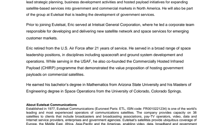 Eric Moltzau joins Eutelsat America Corp. as Senior Vice President, Business Development and Strategy