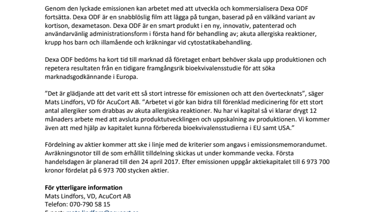 AcuCort: Nyemissionen övertecknad
