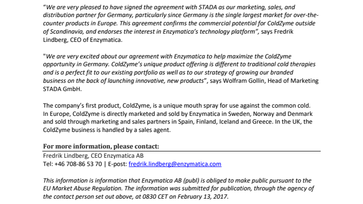 Enzymatica enters into partnership agreement with STADA Arzneimittel AG 