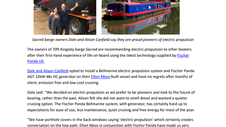 Success of Fischer Panda UK Propulsion System on Elton Moss Barge Sacred Convinces Owners that Future is Electric
