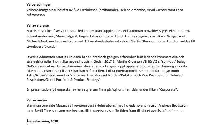 Kommuniké från årsstämma i AQILION AB