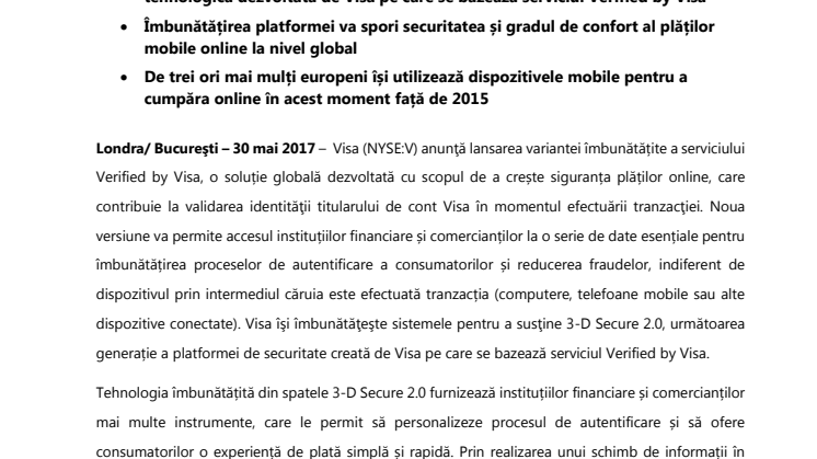 Visa îmbunătățește tehnologia Verified by Visa pentru a spori securitatea și a simplifica plățile online