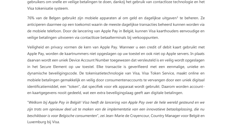 Apple Pay voor Visa klanten in België