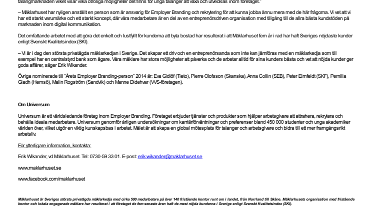 Vd Erik Wikander nominerad till ”Årets Employer Branding-person” 2014