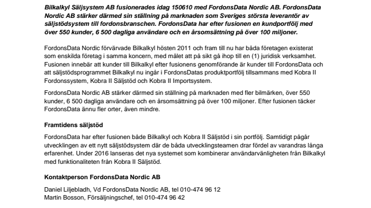 Bilkalkyl blir en del av FordonsData Nordic AB